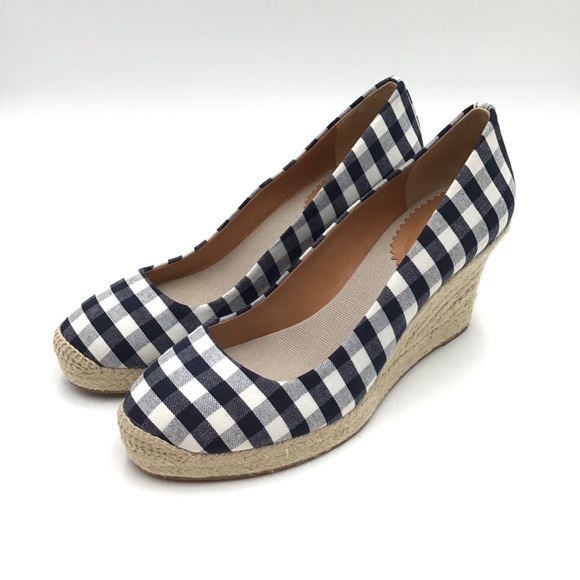 🔴SOLD🔴J. Crew Factory blue white check plaid textile espadrille wedge pumps 8 - Picture 2 of 11